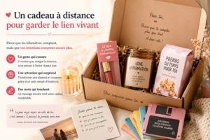 Box cadeau à distance envoyée avec bougie, gloss, gourmandise et message personnalisé pour surprendre un proche malgré les kilomètres.