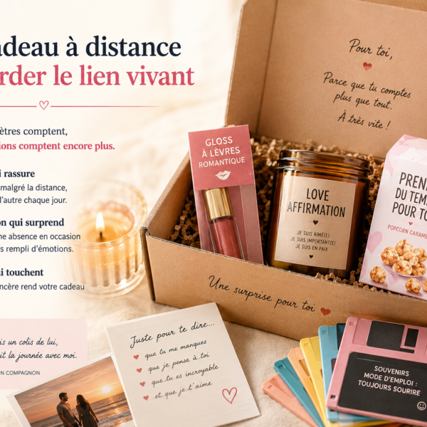 Box cadeau à distance envoyée avec bougie, gloss, gourmandise et message personnalisé pour surprendre un proche malgré les kilomètres.