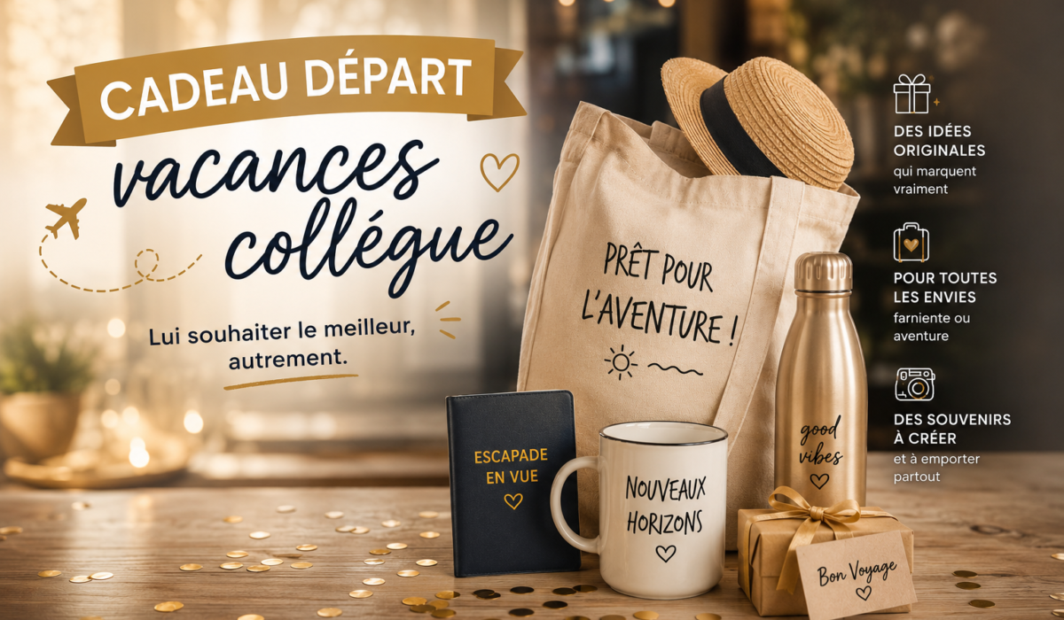 Cadeaux de départ vacances pour collègue présentés dans une ambiance élégante et chaleureuse avec accessoires de voyage et emballage cadeau.