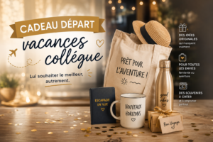 Cadeaux de départ vacances pour collègue présentés dans une ambiance élégante et chaleureuse avec accessoires de voyage et emballage cadeau.