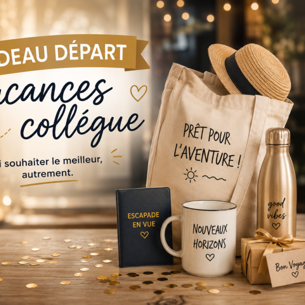 Cadeaux de départ vacances pour collègue présentés dans une ambiance élégante et chaleureuse avec accessoires de voyage et emballage cadeau.