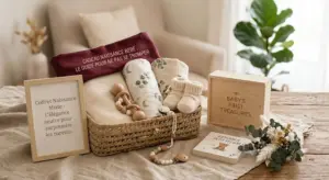 Coffret cadeau naissance bebe personnalisable avec doudou couverture et petits chaussons sur fond chic lifestyle.