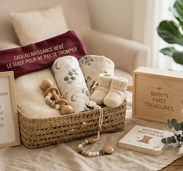 Coffret cadeau naissance bebe personnalisable avec doudou couverture et petits chaussons sur fond chic lifestyle.