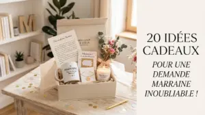 Coffret cadeau premium personnalisé sur une table en bois avec confettis pour une demande de marraine originale. Le texte à droite indique "20 Idées Cadeaux Pour Une Demande Marraine Inoubliable !". Style élégant et lumineux.