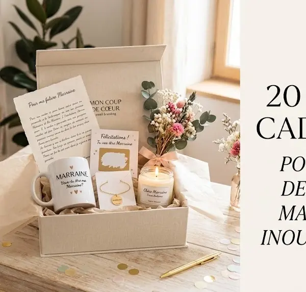 Coffret cadeau premium personnalisé sur une table en bois avec confettis pour une demande de marraine originale. Le texte à droite indique "20 Idées Cadeaux Pour Une Demande Marraine Inoubliable !". Style élégant et lumineux.
