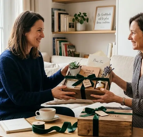 Deux femmes souriantes s'échangeant un coffret cadeau de remerciement élégant en bois dans un salon lumineux.