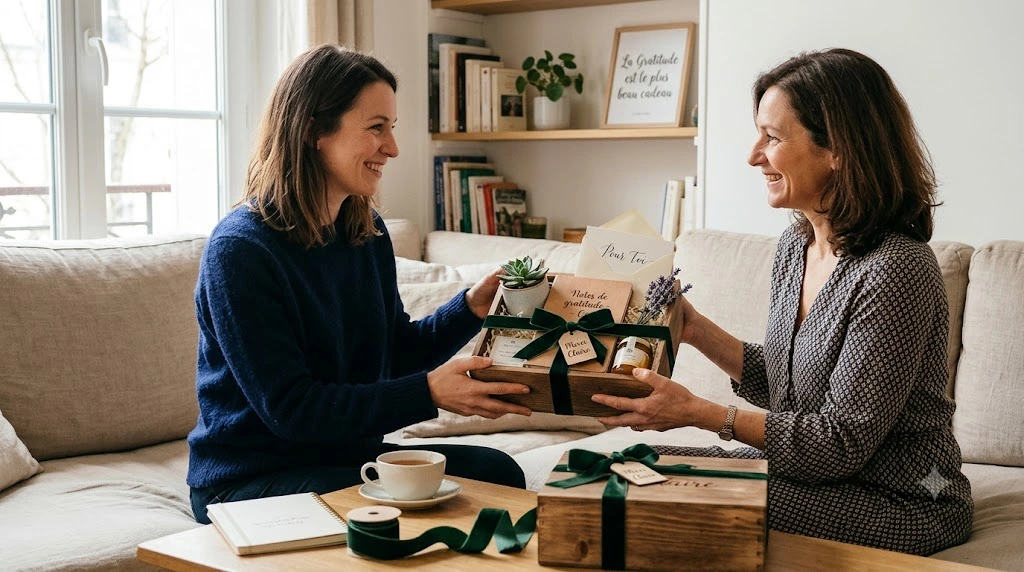 Deux femmes souriantes s'échangeant un coffret cadeau de remerciement élégant en bois dans un salon lumineux.