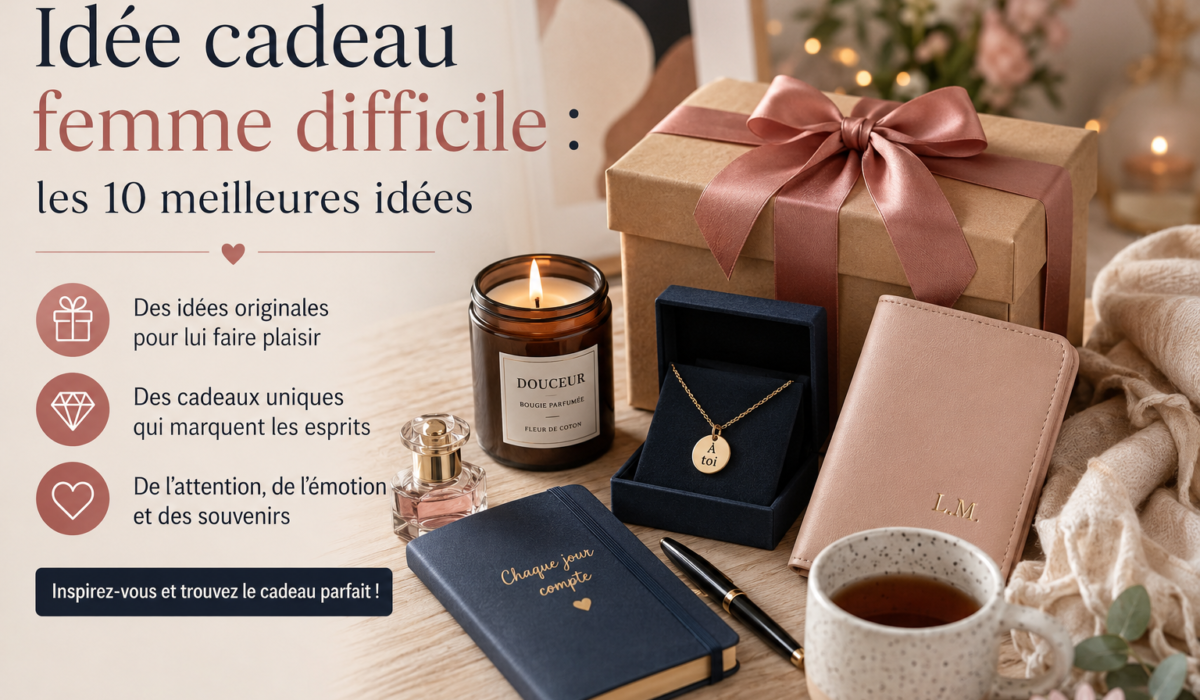 Sélection d’idées cadeaux élégantes pour une femme difficile avec coffret cadeau, bijou personnalisé, bougie parfumée et accessoires raffinés.