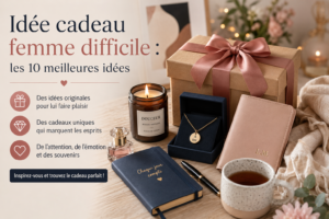 Sélection d’idées cadeaux élégantes pour une femme difficile avec coffret cadeau, bijou personnalisé, bougie parfumée et accessoires raffinés.