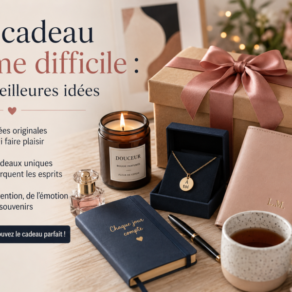 Sélection d’idées cadeaux élégantes pour une femme difficile avec coffret cadeau, bijou personnalisé, bougie parfumée et accessoires raffinés.