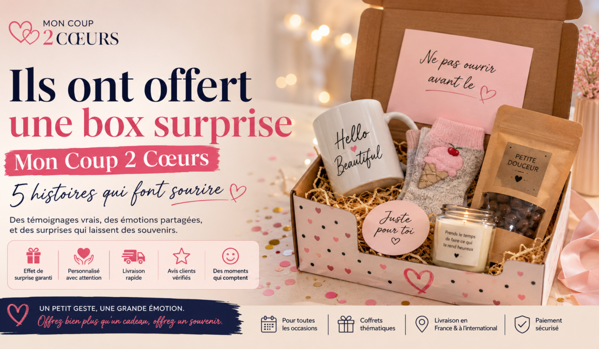 Box surprise Mon Coup 2 Cœurs avec cadeaux personnalisés, tasse, bougie, gourmandises et message « Ne pas ouvrir avant », illustrant un cadeau d’anniversaire rempli de surprises.