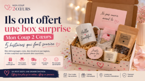 Box surprise Mon Coup 2 Cœurs avec cadeaux personnalisés, tasse, bougie, gourmandises et message « Ne pas ouvrir avant », illustrant un cadeau d’anniversaire rempli de surprises.