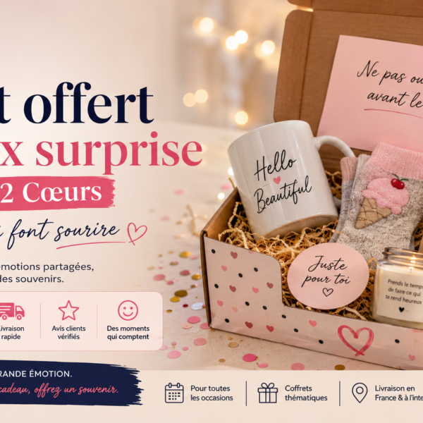 Box surprise Mon Coup 2 Cœurs avec cadeaux personnalisés, tasse, bougie, gourmandises et message « Ne pas ouvrir avant », illustrant un cadeau d’anniversaire rempli de surprises.