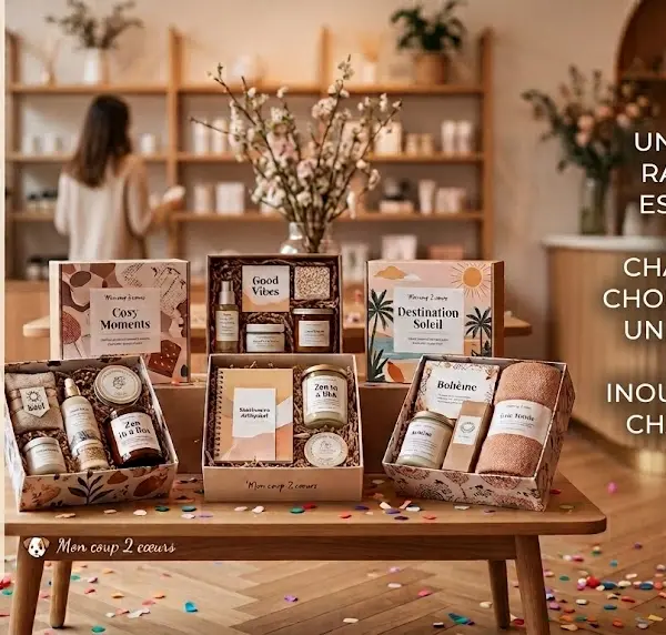 meilleurs coffrets cadeaux thématiques haut de gamme pour femme par Mon Coup 2 Cœurs, disposés sur une table en bois dans une boutique élégante avec confettis au sol et liste des thèmes.