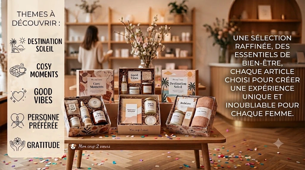 meilleurs coffrets cadeaux thématiques haut de gamme pour femme par Mon Coup 2 Cœurs, disposés sur une table en bois dans une boutique élégante avec confettis au sol et liste des thèmes.