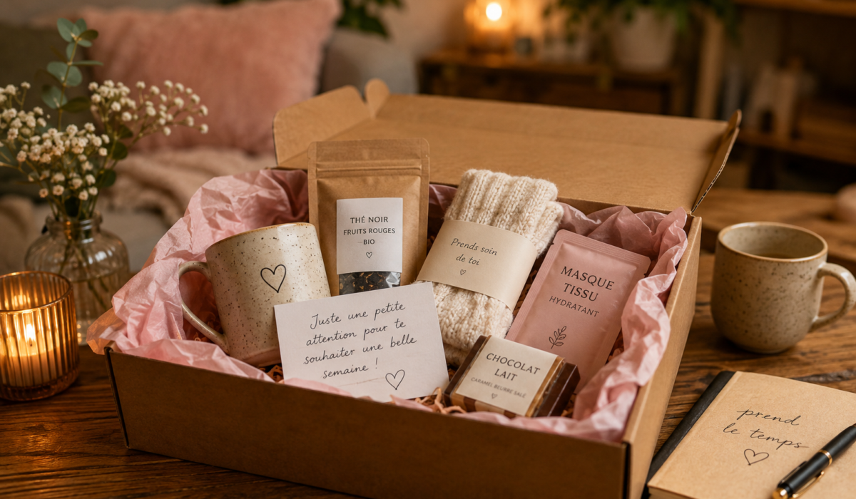 Box cadeau personnalisée avec thé, chocolat, mug et message attentionné pour faire plaisir à un proche