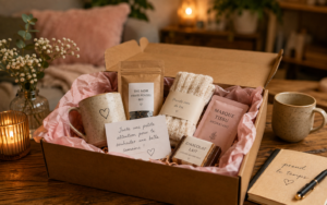 Box cadeau personnalisée avec thé, chocolat, mug et message attentionné pour faire plaisir à un proche