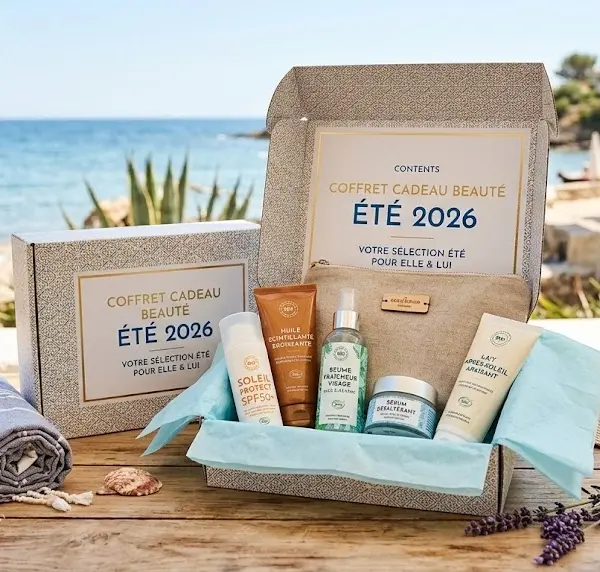 : Coffret cadeau beauté été 2026 ouvert sur une table en bois face à la mer, contenant des soins solaires, une huile scintillante, un sérum et un lait après-soleil.