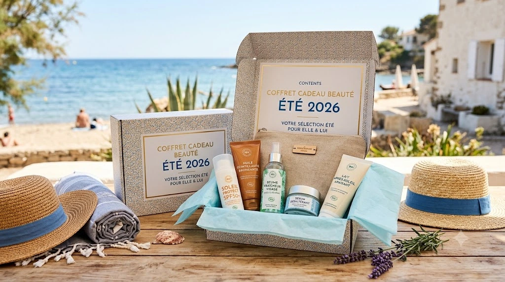 : Coffret cadeau beauté été 2026 ouvert sur une table en bois face à la mer, contenant des soins solaires, une huile scintillante, un sérum et un lait après-soleil.