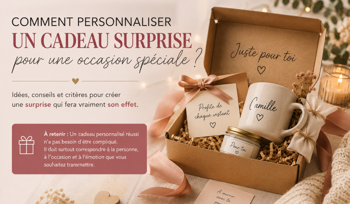 Cadeau surprise personnalisé dans une jolie boîte avec message et accessoires
