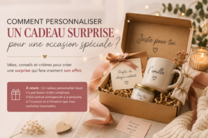 Cadeau surprise personnalisé dans une jolie boîte avec message et accessoires