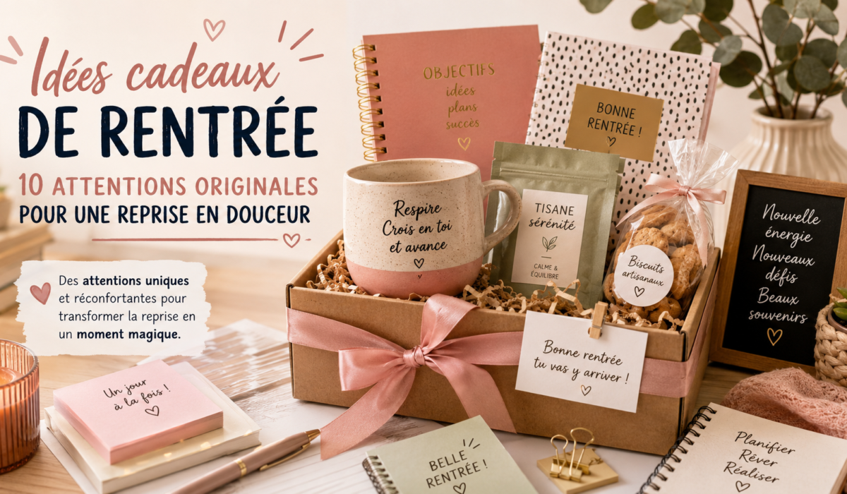 Coffret cadeau de rentrée contenant une mug personnalisée, de la papeterie, de la tisane sérénité et des biscuits artisanaux sur un bureau.