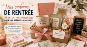 Coffret cadeau de rentrée contenant une mug personnalisée, de la papeterie, de la tisane sérénité et des biscuits artisanaux sur un bureau.