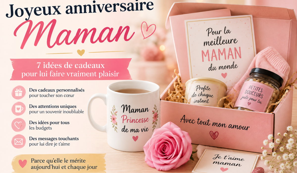 Joyeux anniversaire maman avec coffret cadeau personnalisé et mug