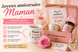 Joyeux anniversaire maman avec coffret cadeau personnalisé et mug
