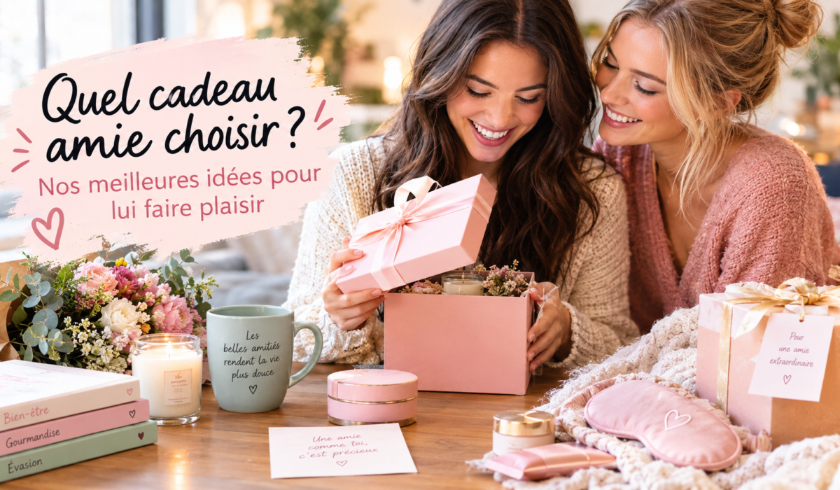 cadeau amie : Deux amies souriantes découvrent un cadeau, entourées de coffrets bien-être, fleurs et accessoires cocooning