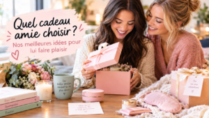 cadeau amie : Deux amies souriantes découvrent un cadeau, entourées de coffrets bien-être, fleurs et accessoires cocooning