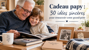 cadeau papy Grand-père et petit-fils partageant un album photo avec des cadeaux personnalisés