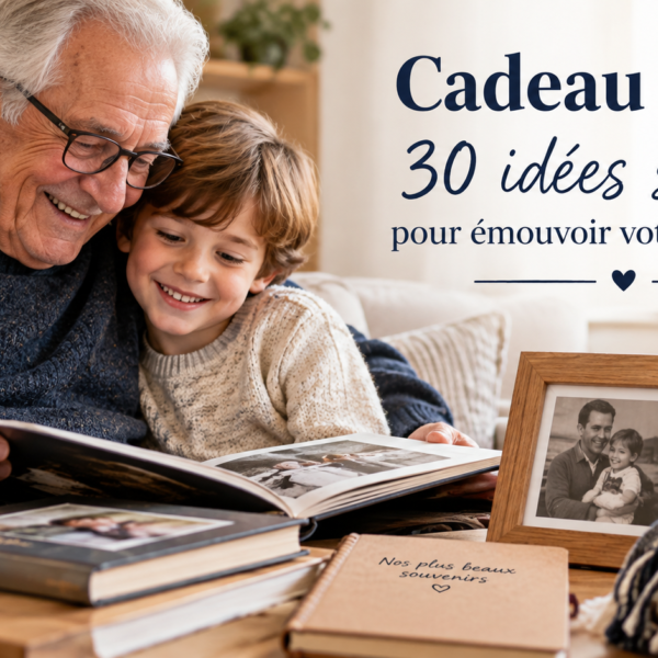 cadeau papy Grand-père et petit-fils partageant un album photo avec des cadeaux personnalisés