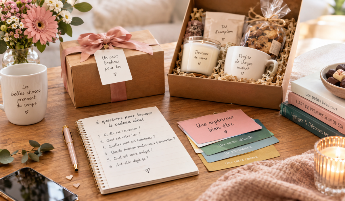 Carnet ouvert avec 6 questions pour savoir quoi offrir et coffret cadeau personnalisé sur une table.
