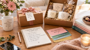 Carnet ouvert avec 6 questions pour savoir quoi offrir et coffret cadeau personnalisé sur une table.
