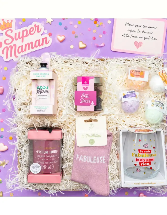 Découvrez l'intérieur de notre kit de survie pour Super Maman, prêt à offrir.