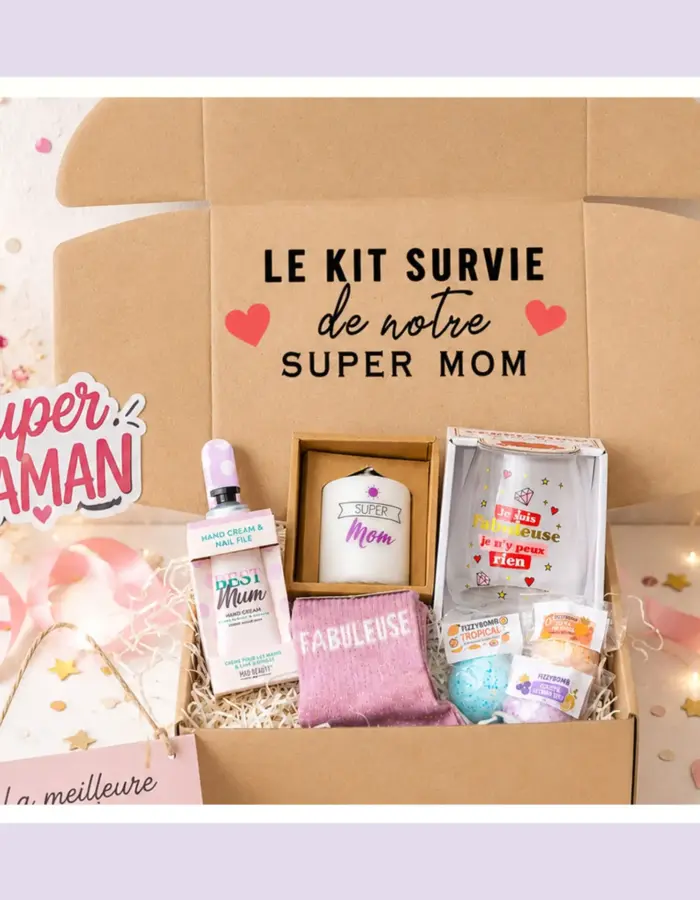Découvrez l'intérieur de notre kit de survie pour Super Maman, prêt à offrir.