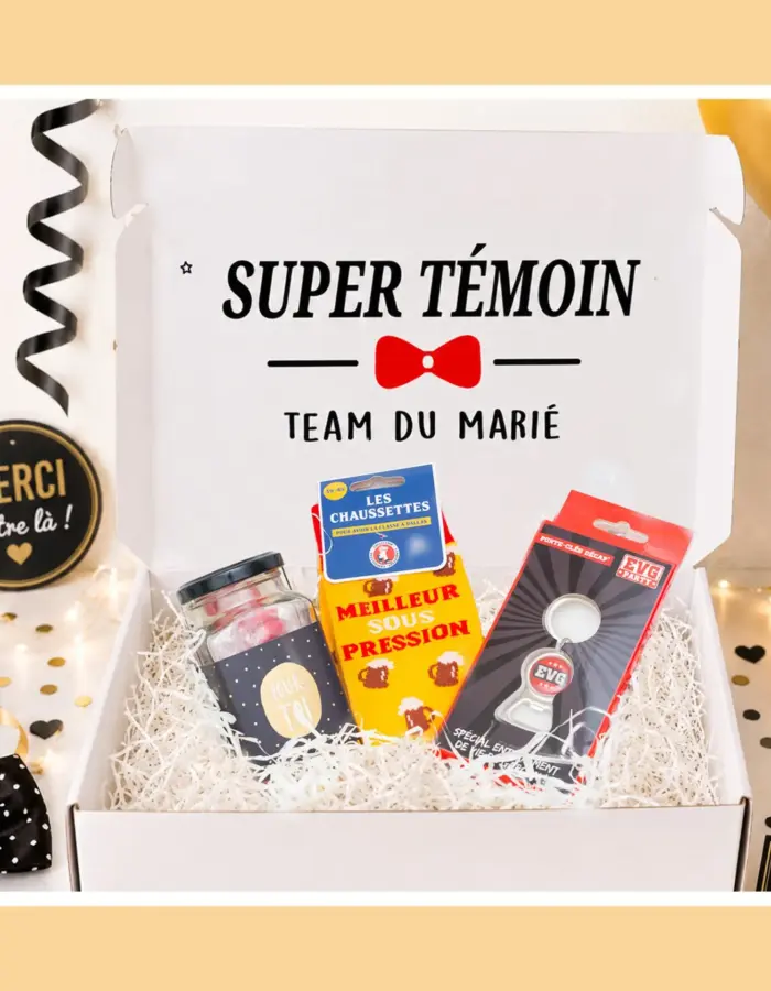 La boîte cadeau idéale pour honorer le super témoin de votre mariage avec humour et élégance