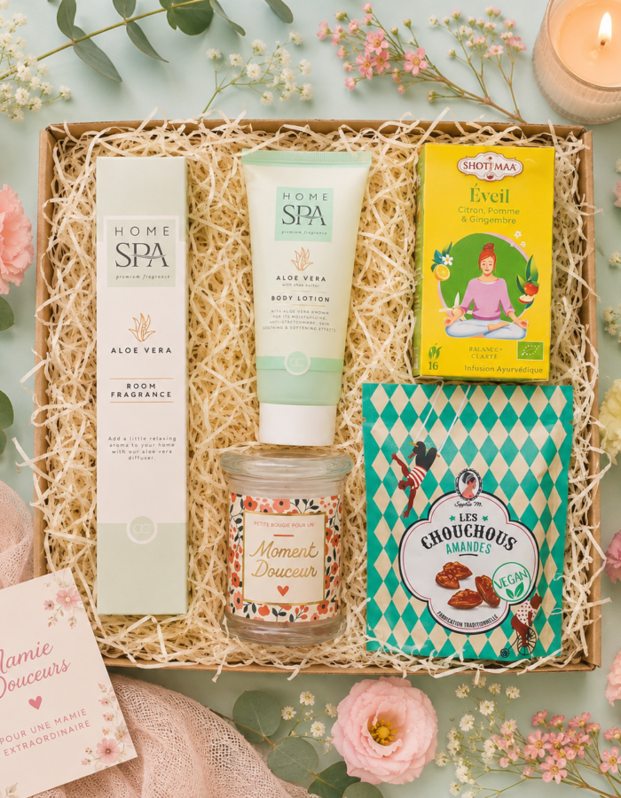 Le Coffret Mamie Douceurs : bougie Moment Douceur, gel douche Aloe Vera, diffuseur Home Spa, infusion Éveil citron pomme gingembre, chouchous amandes et carte personnalisée — un cadeau original pour mamie prêt à offrir.